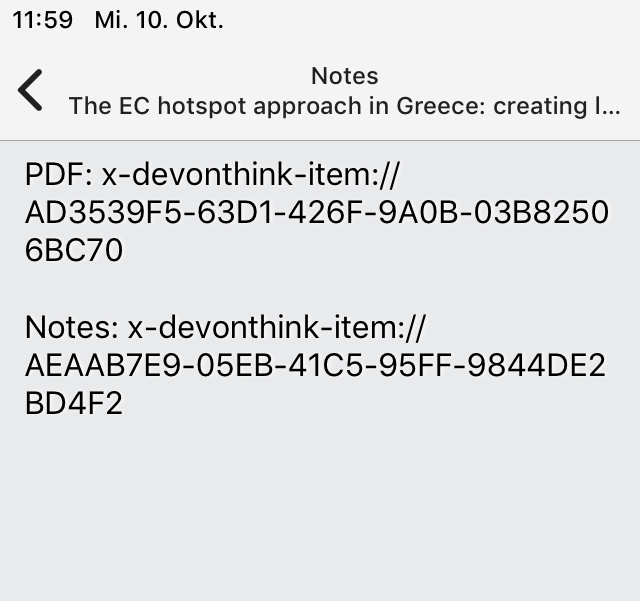 Notizfeld in Mendeley mit Verweisen zum eigentlichen Text (PDF) und der Notiz